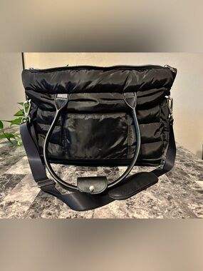 Black Quilted Puffer Tote Bag with Round Handles